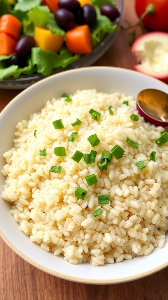 A bowl of fluffy quinoa garnished with herbs, with colorful vegetables in the background.